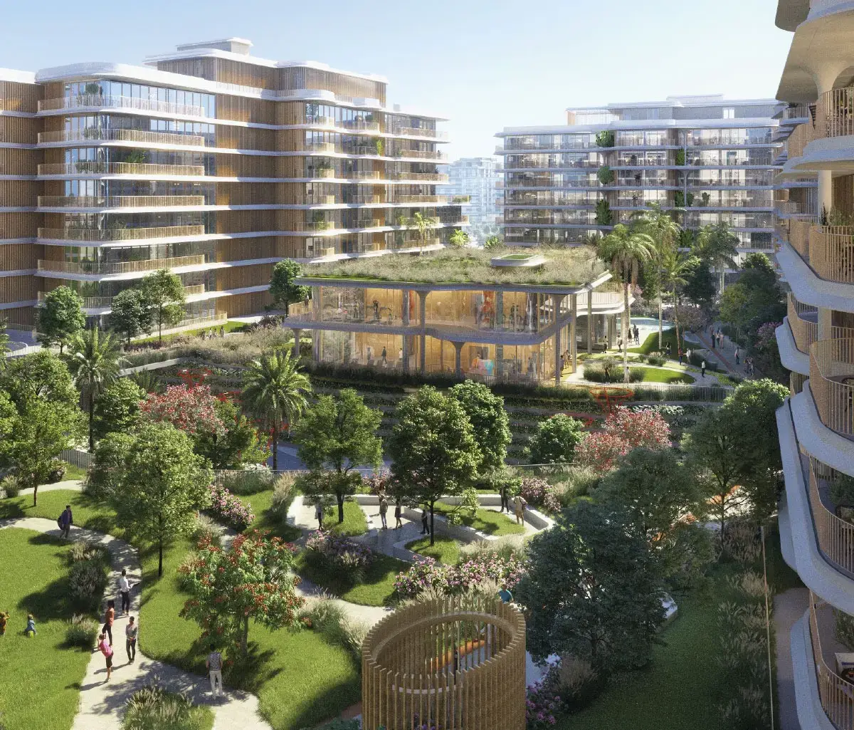 Mamsha Gardens waterfront community with contemporary apartment buildings in Abu Dhabi